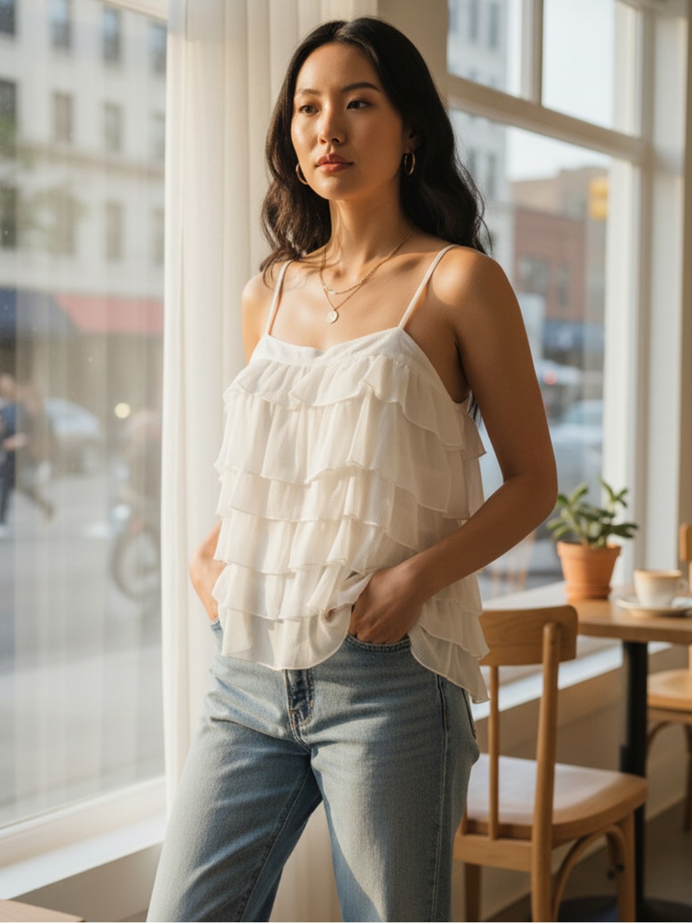 Old Navy Ruffled Tiered Spaghetti Strap Tank Top - Cream